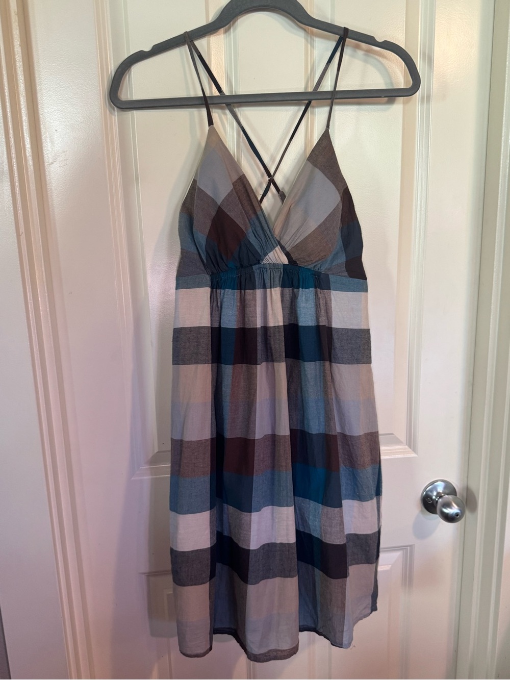Plaid V-Neck Summer Dress in Turquoise and Gray
